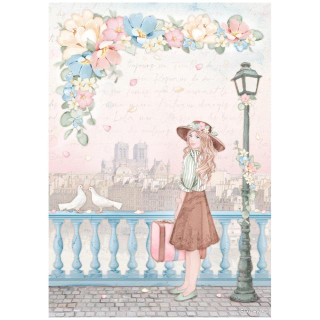 DFSA4764 Rice Paper A4 Create Happiness Oh La La Girl with Suitcase