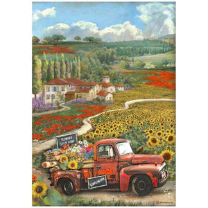 DFSA4769 Rice Paper A4 Sunflower Art Vintage Car
