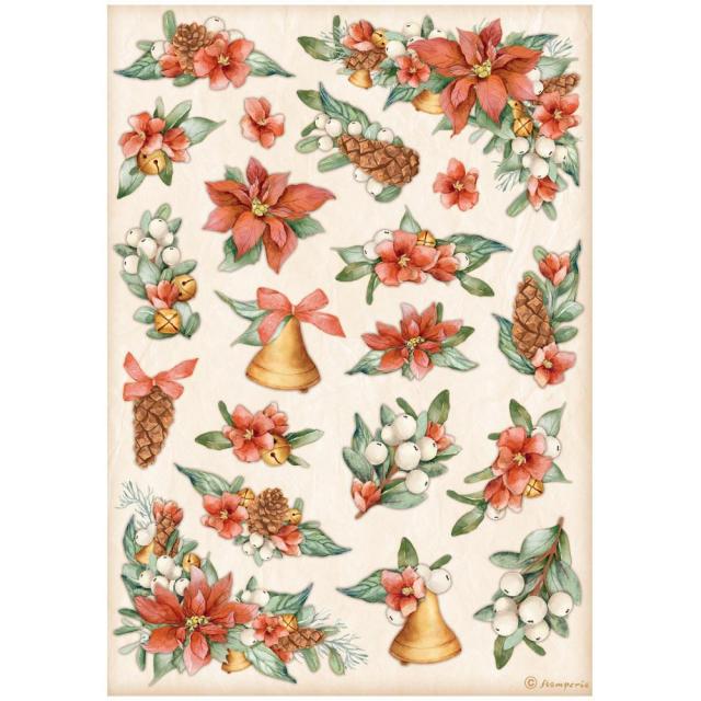 DFSA4806 Rice Paper A4 All Around Christmas Ponsettia and Bells