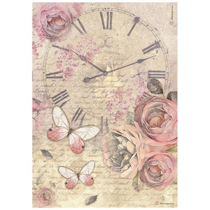 DFSA4880 Rice Paper A4 Shabby Rose Clock