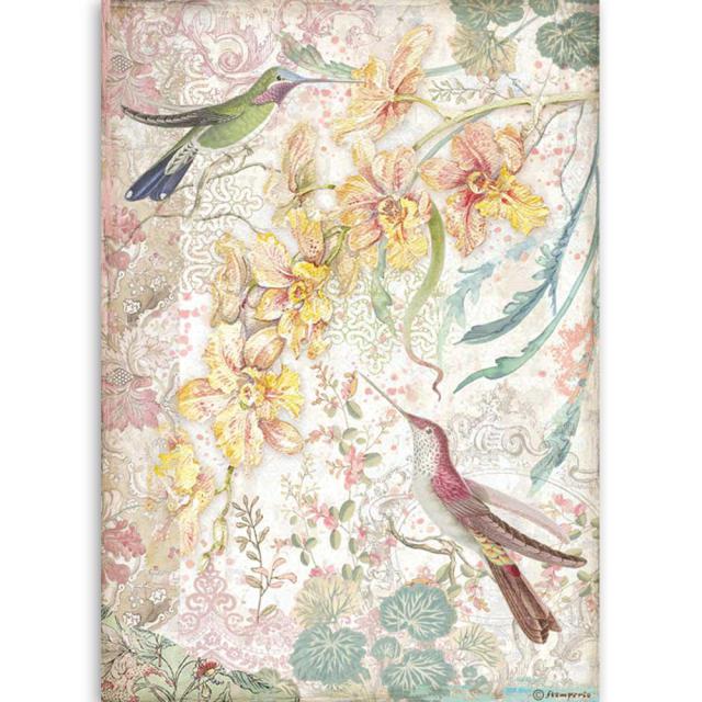 DFSA4510 Rice Paper A4 Yellow Orchids and Birds