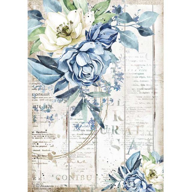 DFSA4560 Rice Paper A4 Romantic Sea Dream Blue Flower