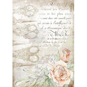 DFSA4565 Rice Paper A4 Romantic Threads Scissors and Roses