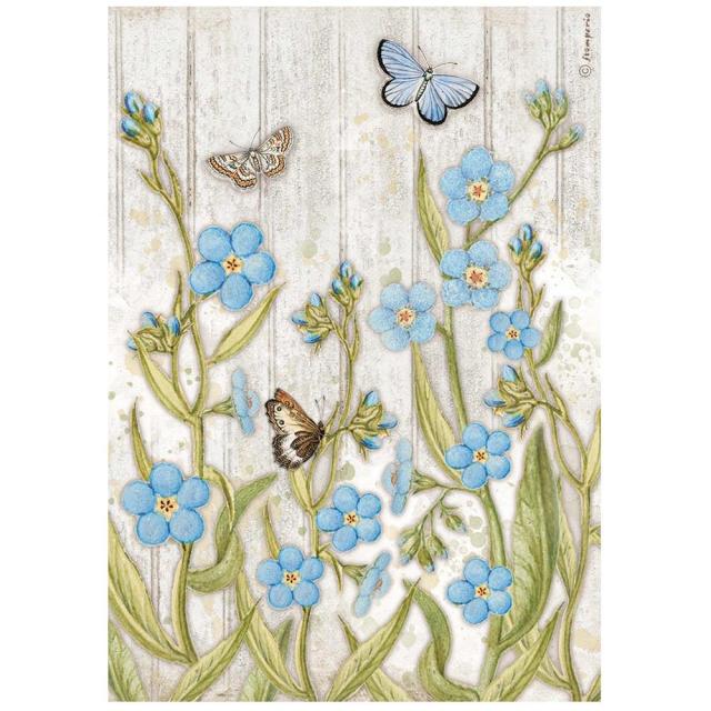 DFSA4667 Rice Paper A4 Romantic Garden House Blue Flowers