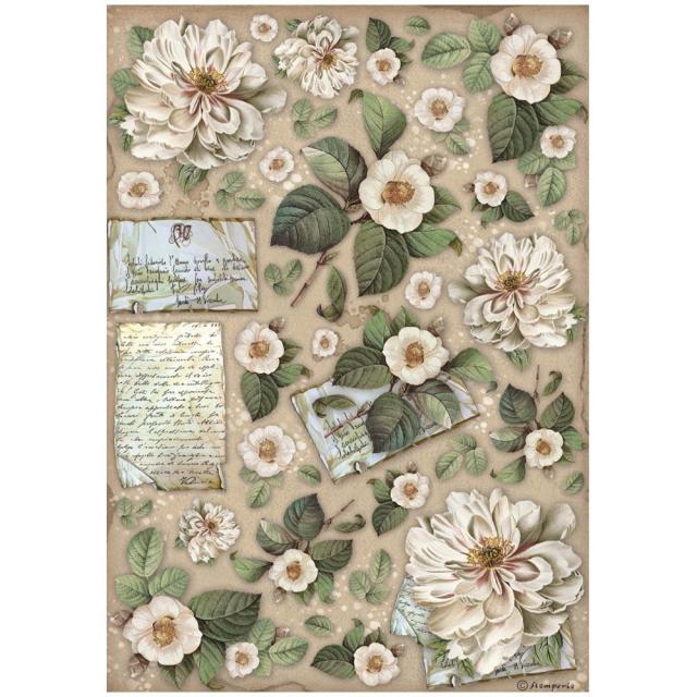 DFSA4757 Rice Paper A4 Vintage Library Flowers and Letters